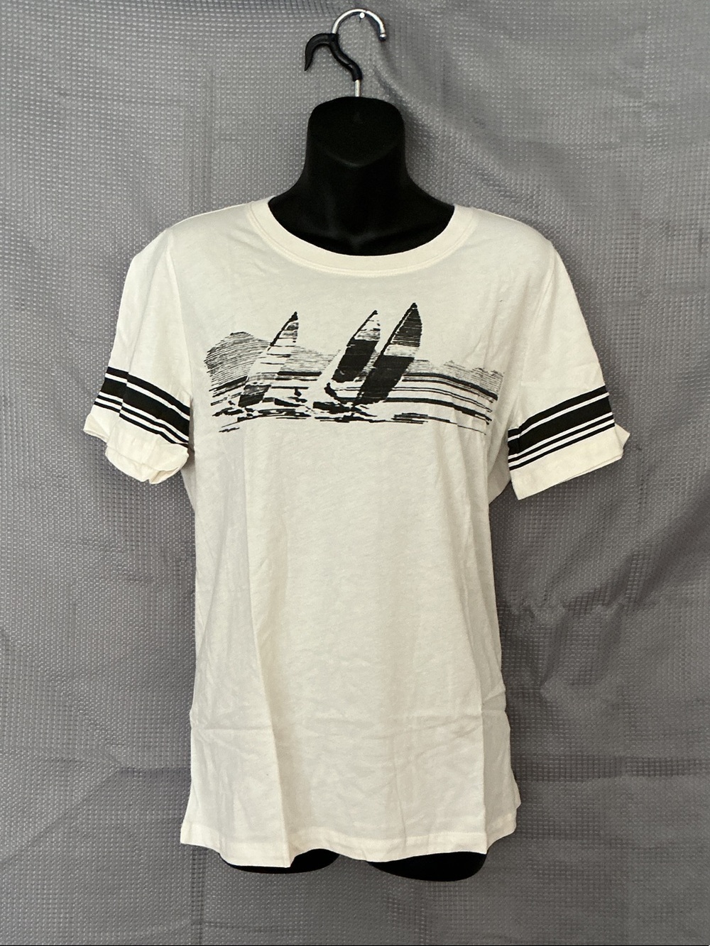 Anthropologie White Tee with Black Surfboard Graphic and Black Sleeve Stripes